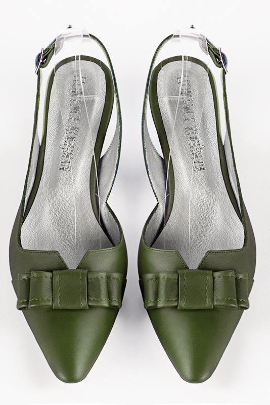 Forest green women's open back shoes, with a knot. Tapered toe. Low wedge heels. Top view - Florence KOOIJMAN